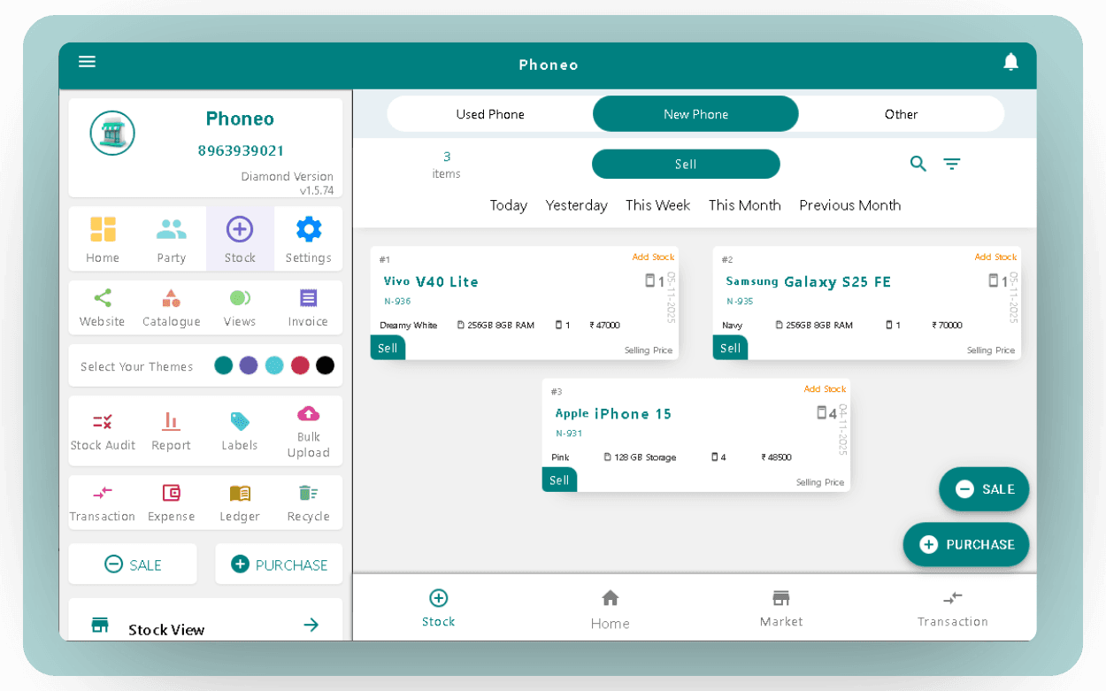 Phoneo inventory dashboard showing separate Used Phone and New Phone tabs with IMEI-wise stock, colour, RAM and storage variants and selling price for each handset