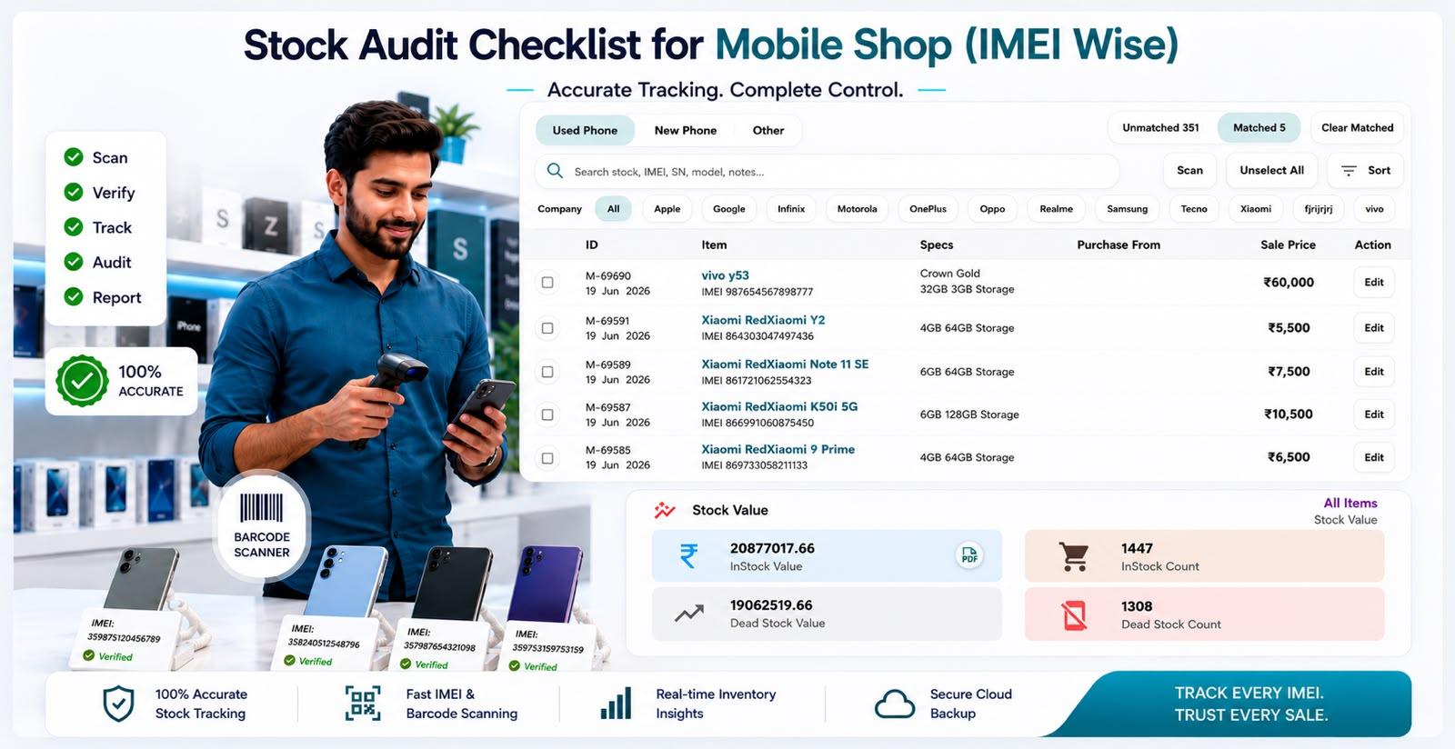 Mobile shop owner performing an IMEI-wise stock audit using Phoneo Seller CRM inventory management software