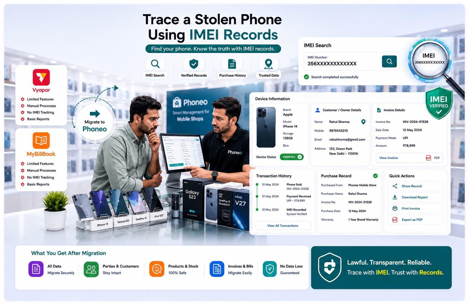 IMEI records on a Phoneo dashboard used to trace and verify a phone for a mobile shop