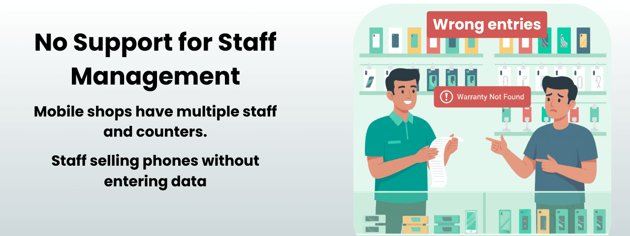 Mobile shop owner facing staff management issues like missing stock, wrong entries, and unauthorized sales because generic billing software lacks roles, permissions, and activity logs.