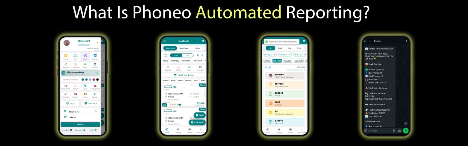 Phoneo mobile shop software automated reporting feature sending business sales reports to WhatsApp and email in India