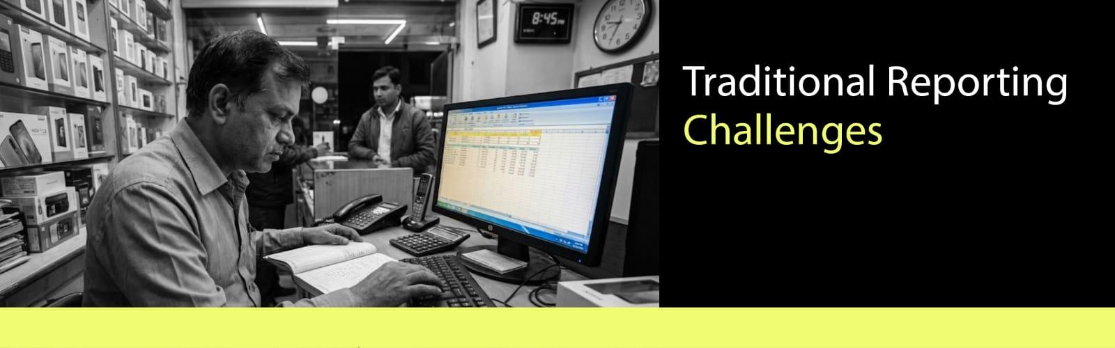 Traditional mobile shop reporting challenges showing manual sales report checking and lack of automated business insights in India