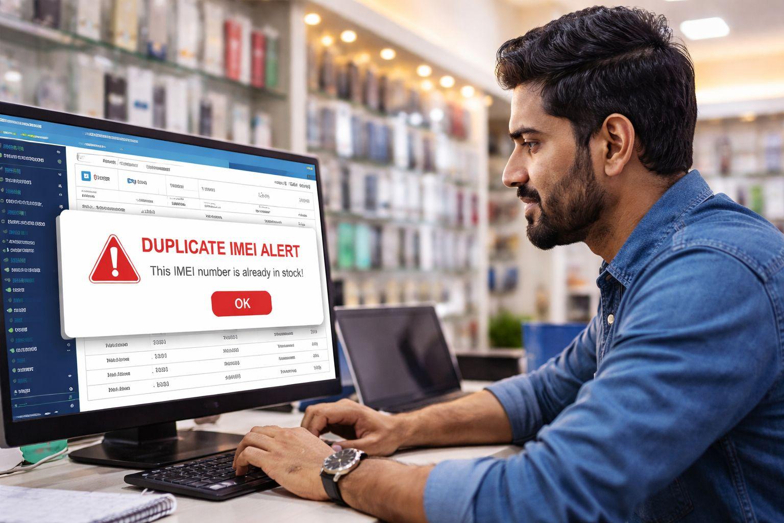 Mobile shop management software showing duplicate IMEI alert on screen