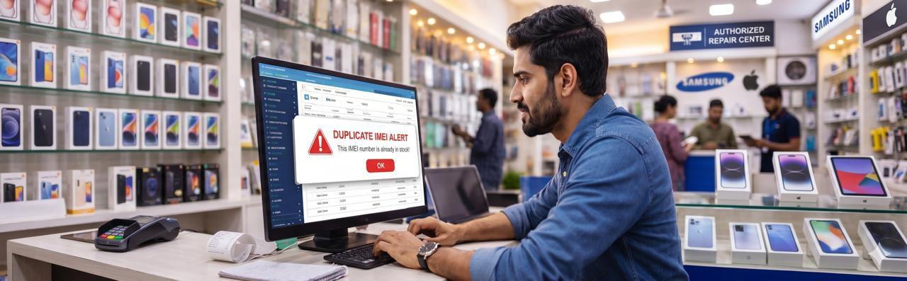 Mobile shop management software showing duplicate IMEI alert on screen