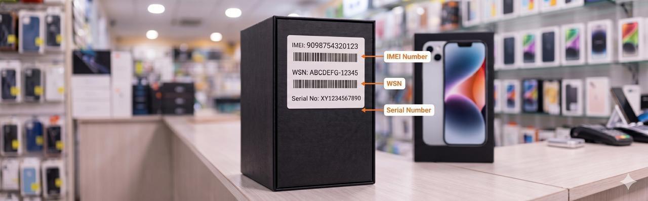 IMEI WSN and serial number label on mobile phone box