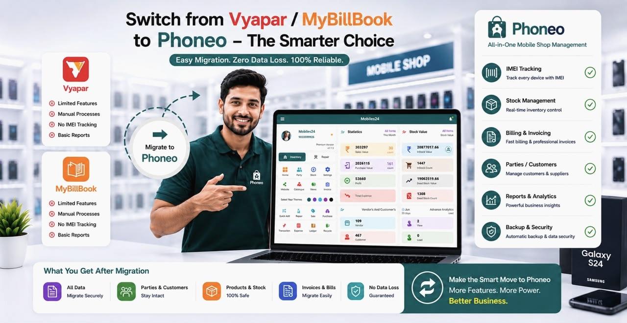 Mobile shop owner migrating business data from Vyapar and myBillBook to Phoneo Seller CRM with zero data loss