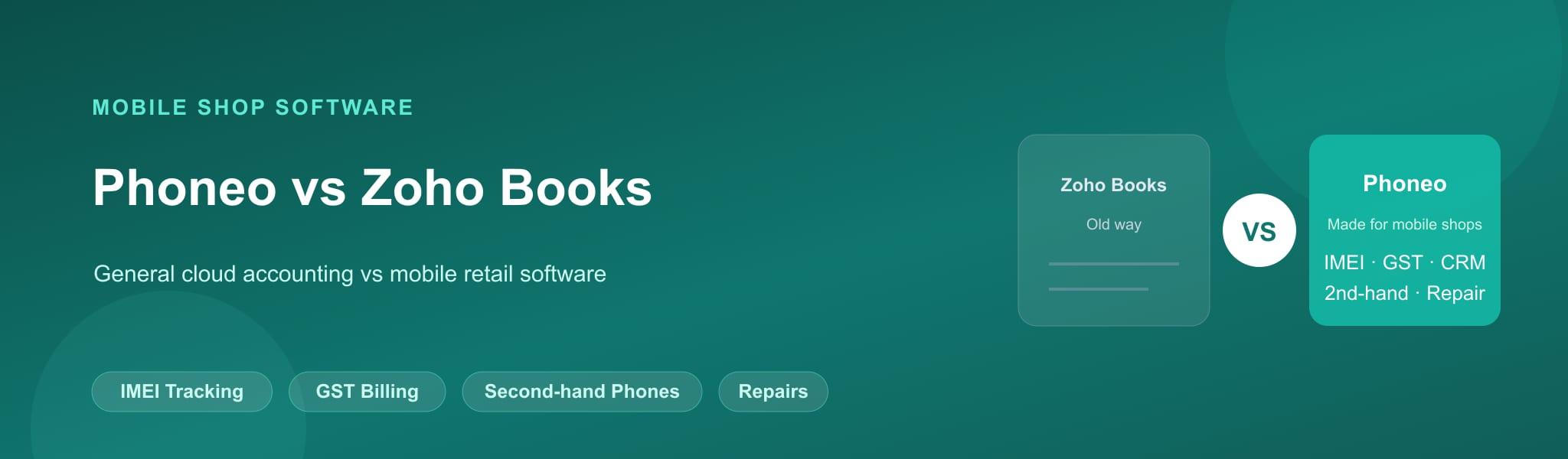 Phoneo vs Zoho Books comparison for mobile shop billing software, IMEI inventory and GST billing
