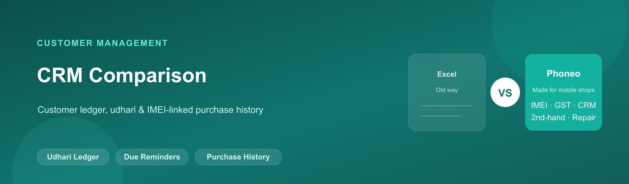 Phoneo vs Excel CRM comparison for customer ledger, udhari and IMEI-linked history