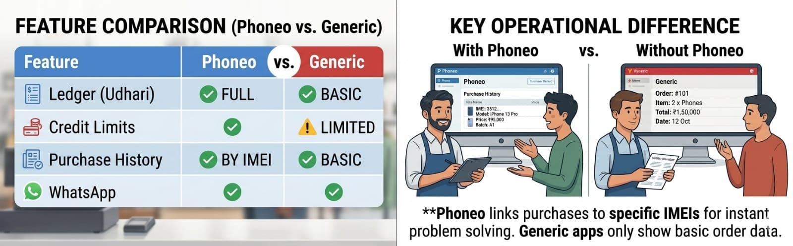 Phoneo vs Vyapar CRM comparison for customer ledger, payment tracking and purchase history in mobile shops