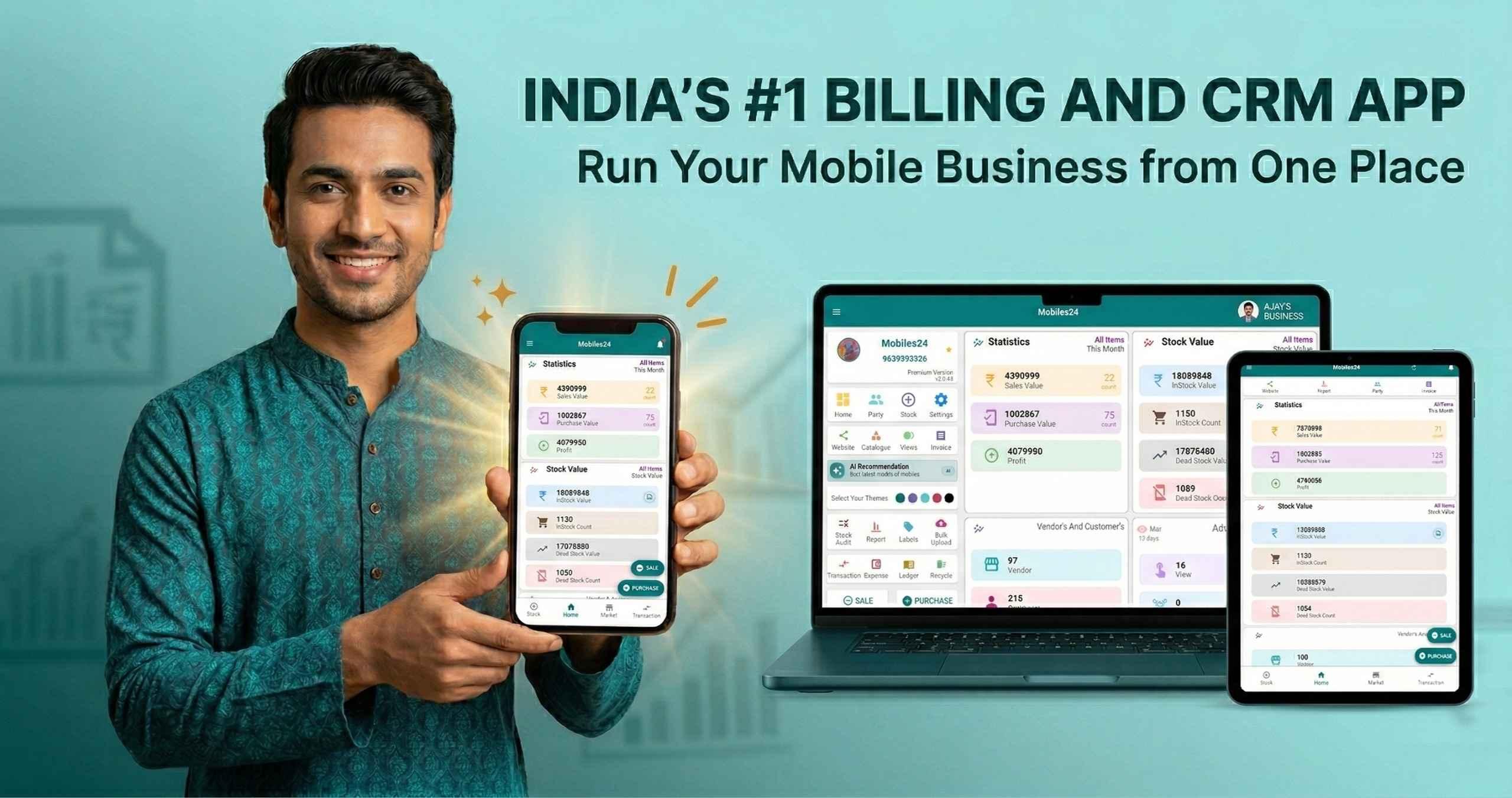 Phoneo staff management screen showing staff logins, permissions and split-wise salary for a mobile shop