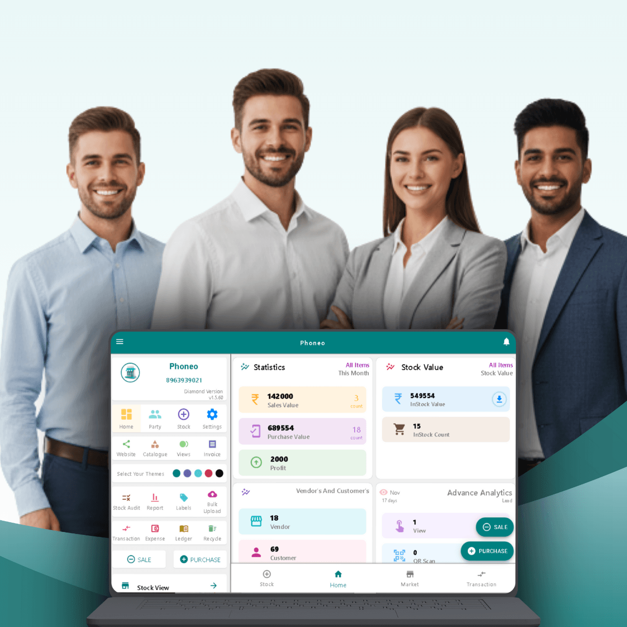 Phoneo mobile shop management software team with dashboard showing inventory, billing, IMEI tracking, analytics, and stock management tools for mobile retailers.