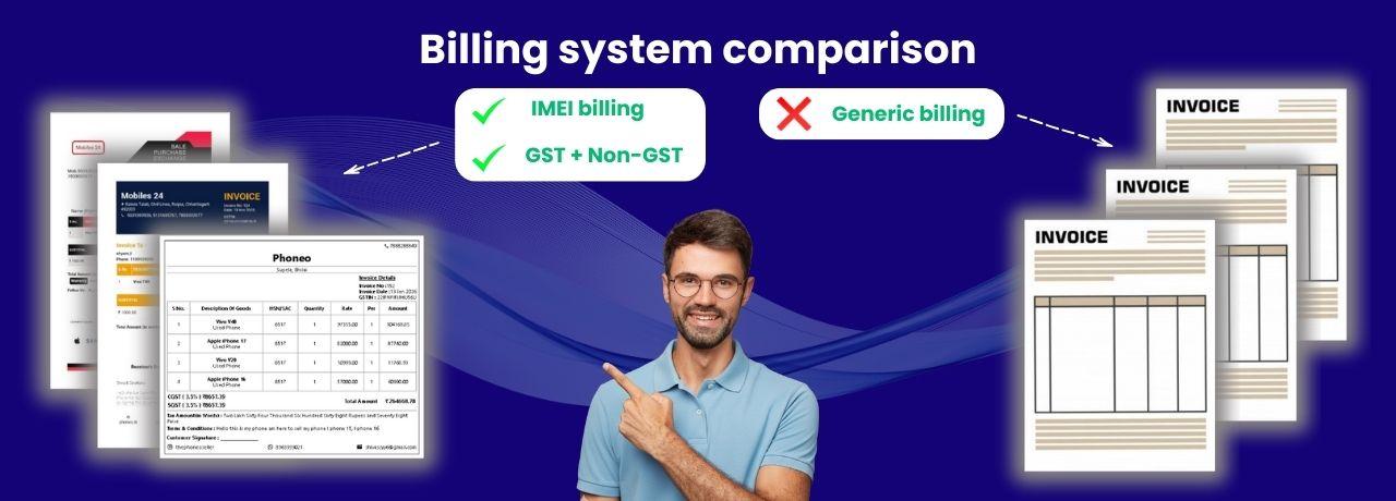 Phoneo vs Busy billing software comparison for GST, IMEI tracking and second-hand mobile shop billing Billing comparison between Phoneo and Busy software for mobile shops showing GST invoices, IMEI tracking and used phone billing support