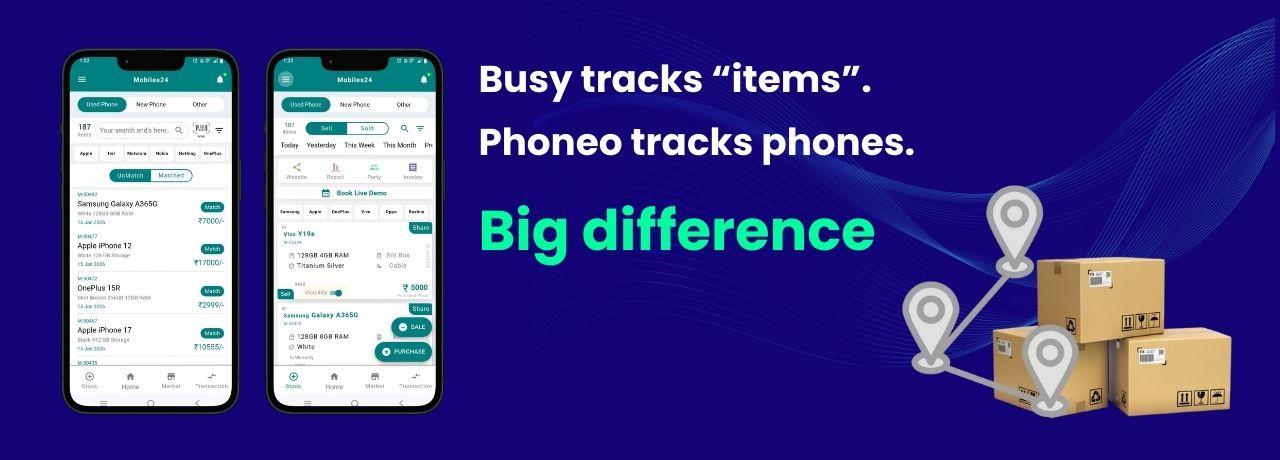 Phoneo vs Busy inventory management software comparison for mobile shop stock tracking and used phones Inventory management comparison between Phoneo and Busy software for mobile shops showing phone model, color, storage tracking and stock alerts
