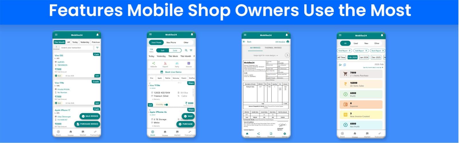 PHONEO features for mobile shop owners - billing, stock tracking, GST invoices and monthly sales reports PHONEO mobile shop software features including billing, stock management, GST invoices and sales reports