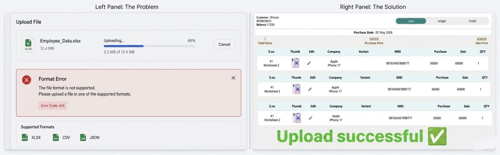 Why Phoneo AI bulk stock upload is different from traditional mobile shop software Phoneo AI bulk stock upload vs traditional inventory software comparison showing no format requirement, automatic data detection, faster upload, and error-free inventory management