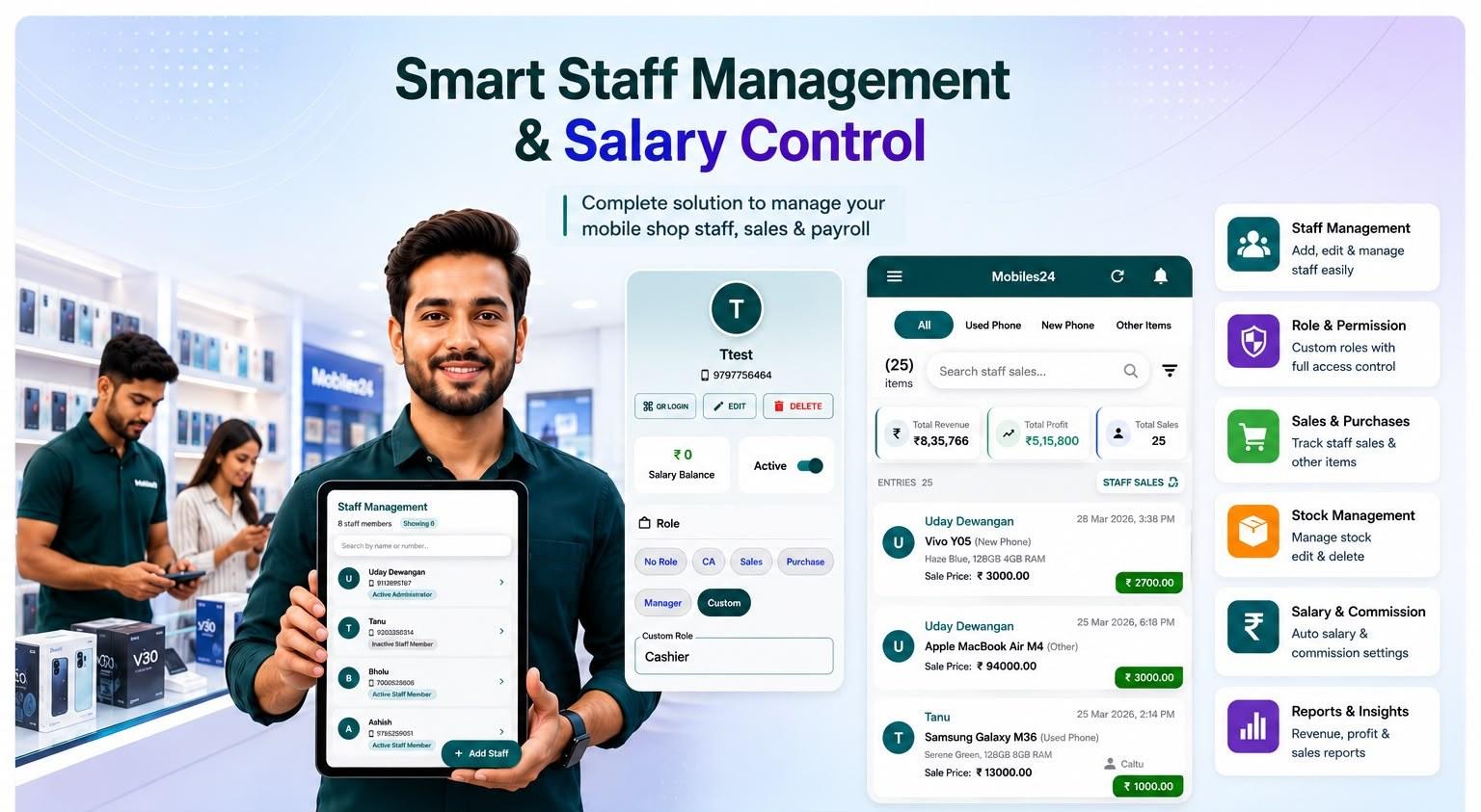 Mobile shop staff management software in Phoneo showing staff logins, section-wise permissions and split-wise salary Mobile shop staff management software in Phoneo showing staff logins, section-wise permissions and split-wise salary