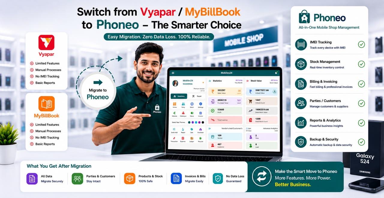 Mobile shop owner migrating business data from Vyapar and myBillBook to Phoneo Seller CRM with zero data loss