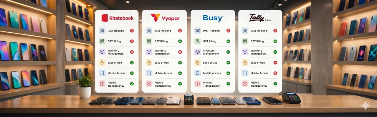 Smart mobile shop software with duplicate IMEI alert feature for accurate inventory and billing management Mobile shop management software showing duplicate IMEI alert on screen