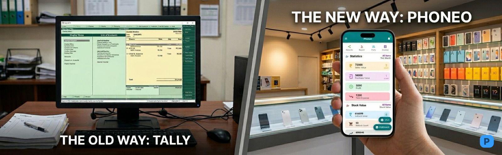 Phoneo vs TallyPrime - Best Mobile Shop CRM and Billing Software Alternative Phoneo vs TallyPrime comparison for mobile phone shop billing, GST inventory and CRM management