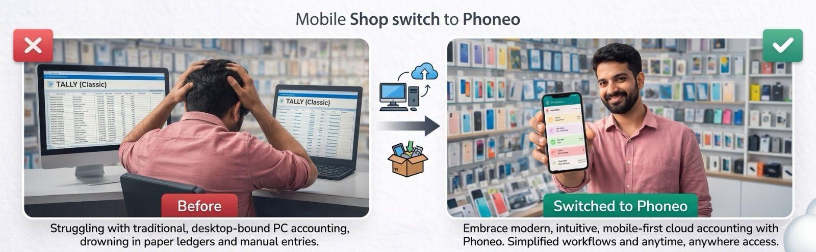 Why Mobile Shop Owners Switch from TallyPrime to Phoneo Reasons mobile phone shop owners switch from TallyPrime to Phoneo for IMEI tracking, cloud billing and easier staff management