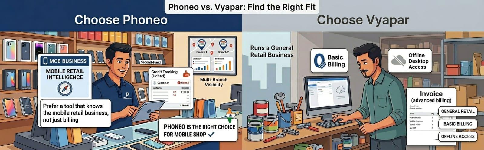 Phoneo vs Vyapar Mobile Shop Billing Software Comparison Phoneo vs Vyapar comparison for mobile shop billing software, GST billing, inventory and CRM management