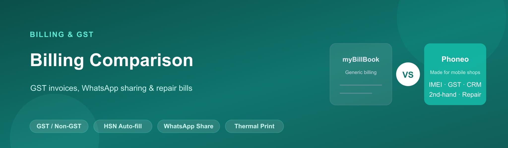 Phoneo vs myBillBook Billing Software Comparison Phoneo vs myBillBook billing comparison for GST invoices, WhatsApp sharing and thermal printing