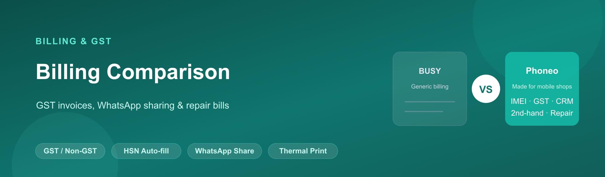 Phoneo vs BUSY Billing Software Comparison Phoneo vs BUSY billing comparison for GST invoices, WhatsApp sharing and thermal printing