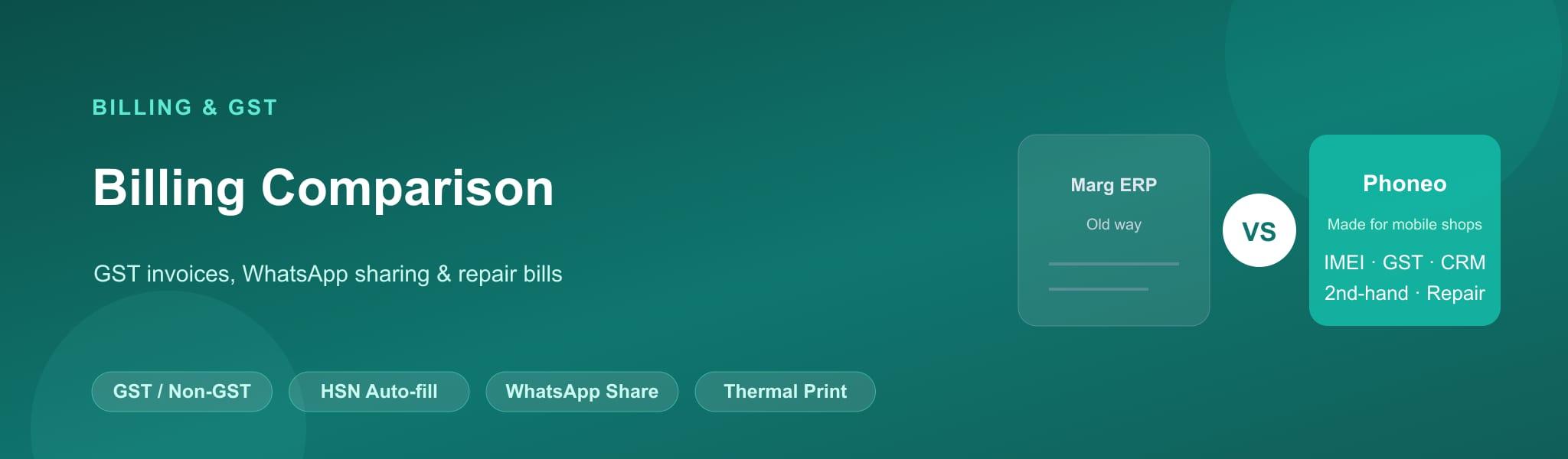 Phoneo vs Marg ERP Billing Software Comparison Phoneo vs Marg ERP billing comparison for GST invoices, WhatsApp sharing and thermal printing